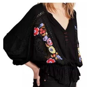 FREE PEOPLE Floral Embroidered Black Women's Top